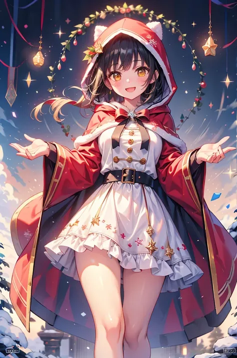 (red-long-santa-coat, white-silk-long-skirt-dress hooded-black-hair amber-yellow-eyes happy laugh-face girl is throwing a giftbox), giftshop outdoors BREAK (bokeh, beautiful diamond dust), snowflake, north star