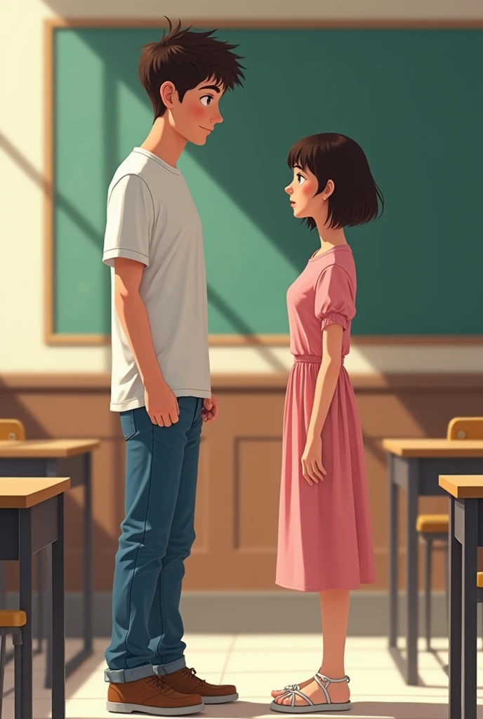 I want to create a book cover : "A tall boy, approximately 61", in a plain white t-shirt and jeans, standing next to a slightly shorter girl, approximately 58", with a wolf cut hairstyle (shorter hair style like a boy cut) and a simple pink dress. They are...