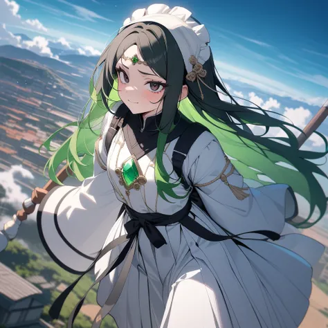 1girl,solo,18yo,tall,long hair,black hair,glossy green hair,long hair,Voluminous hair,sharp eyes,almond eyes,black eyes,mountaineering ascetic,white clothing,hakama skirt,pilgrims staff with a emerald gemstone,A lancet-shaped headdress worn on the forehead...