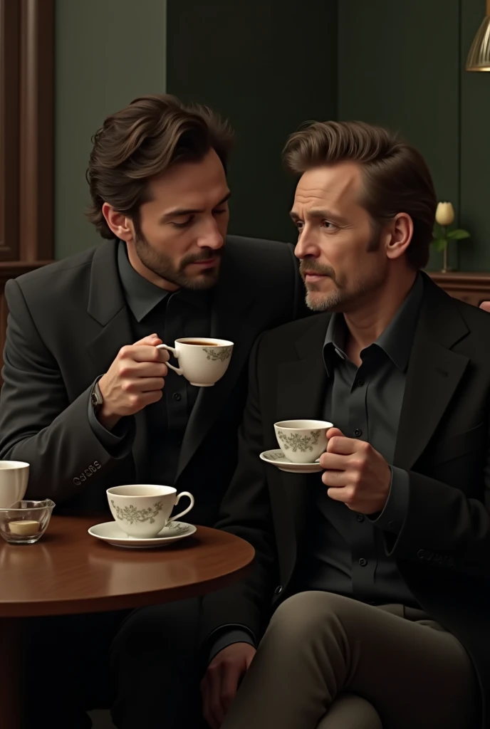 hugh dancy and mads mikkelsen drinking a tea