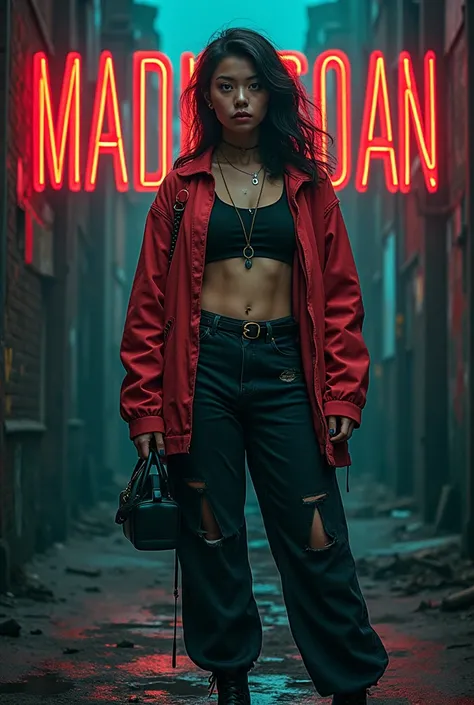 ((((dramatic))), (((gritty))), (((intense))) film poster featuring a young woman as the central character. She stands confidently in the center of the poster, wearing a stylish and edgy outfit, with a determined expression on her face. The background is da...