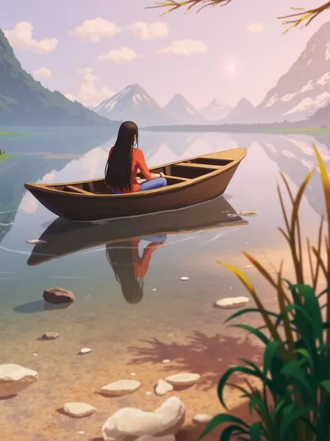 prompt": "A serene scene with a person sitting inside a small wooden boat surrounded by calm water, majestic green mountains in the background under a clear blue sky. The water reflects the mountains and the sky. The colors are vibrant and natural, evoking...