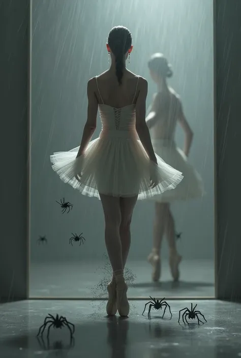 Ballet dancer in a gray room .  She is looking forward with her hands and feet in motion There is a mirror behind her and you can see her reflection from her back . He has spiders climbing up his feet and legs .  As a rain breeze falls on her body  