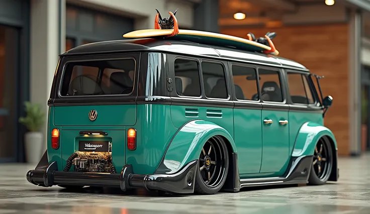 Create a highly detailed and realistic design of a Volkswagen camper van modified to look exactly like the uploaded image. Retain the same teal green and black color scheme with the surfboard on the roof, wide tires, and a visible engine at the back. Add a...