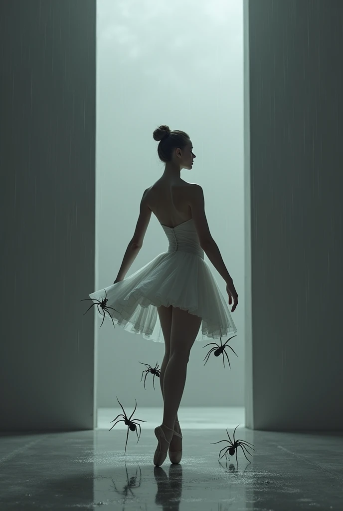 Ballet dancer in a gray room .  She is looking forward with her hands and feet in motion There is a mirror behind her and you can see her reflection from her back . He has spiders climbing up his feet and legs .  As a rain breeze falls on her body  