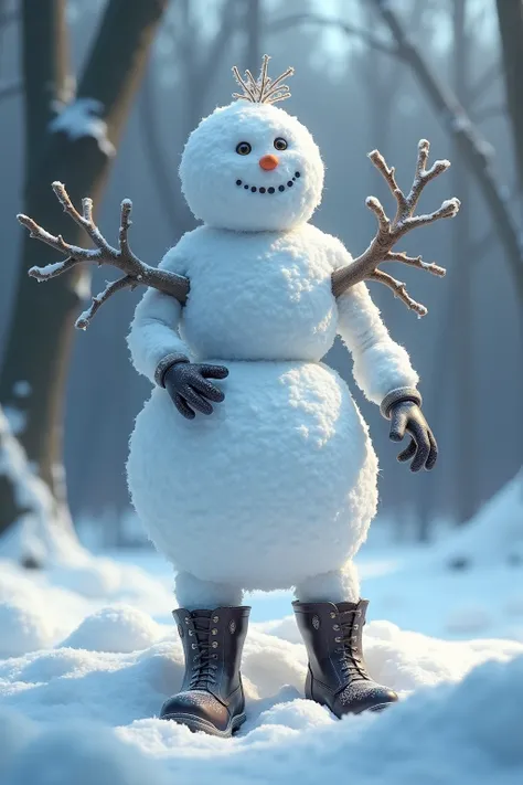 generate realistic images of  snowman with  fantasy theme,(branch),made of powder snow, , elegant, and visually striking, highly detailed leather boots, resembling digital paintings, Concept art must be highly detailed and flaunt beauty, Artwork will be cr...