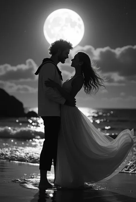 a man wearing a sailor suit/jacket, with curly hair, and a woman wearing a beautiful gown with wavy hair dancing majestically in a monochrome/black and white beach located in hawaii, night time where the moon shines bright by the sea and the stars sparkle,...