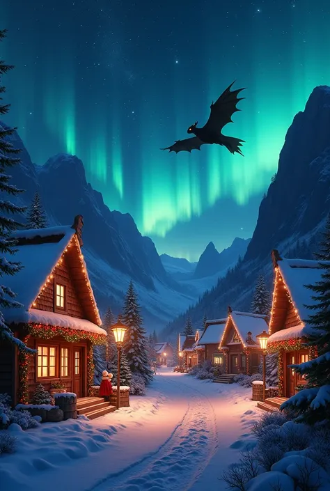 (photorealism:1.2), the viking village decorated with christmas decorations at the night colourful and behind the village mountains at there sky is dark and can see stars and northern lights in the sky can see the toothless shadow in sky but nobody see too...