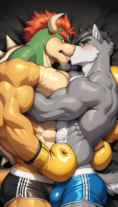 Duo anthro male(anthro Gray Wolf vs anthro Orange Bowser), handsomes(handsome hairstyles, Thick eyebrows, detailed face), gay(Both lying down, Cuddling embraced, body frottage at each other, body above body, back perspective, kissing at each other with int...