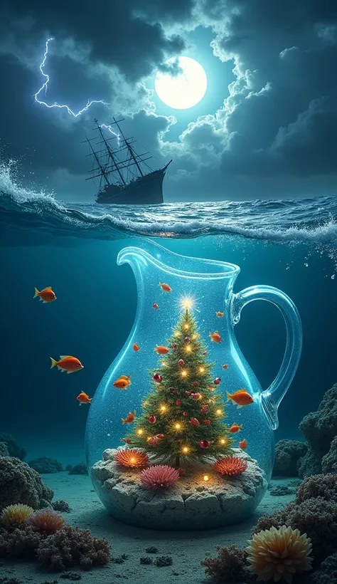 Inside a transparent white water jug resting on the ocean floor, fish dressed in Christmas attire dance around a glowing coral Christmas tree. Above them, the storm churns the oceans surface, with crashing waves visible through the water. The light of the ...