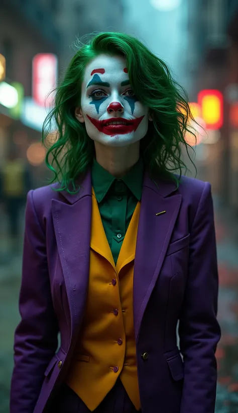 "Create a realistic, cinematic interpretation of a gender-swapped DC Joker, featuring a woman with striking white skin, vivid green hair, and a mischievous grin. Her makeup should resemble the traditional Jokers clown-like appearance, with bold red lipstic...