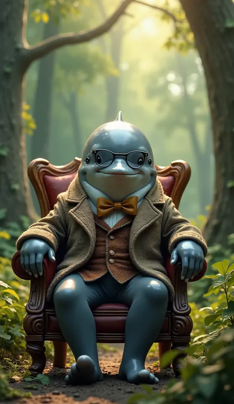 create a dolphin sitting in the chair in the forest, with teacher clothes and eye glasses, looking to the cam
