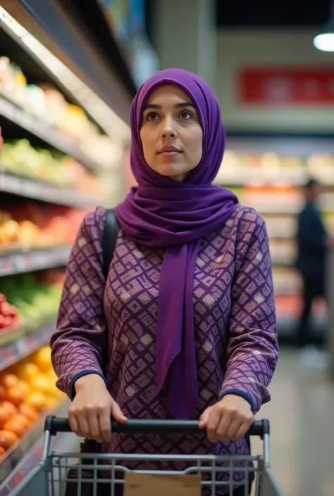 The image shows a young woman wearing a purple hijab and a matching patterned long-sleeved top. She is standing in a supermarket, pushing a shopping cart.  The background is slightly blurred but shows various fruits and vegetables on display. The overall i...