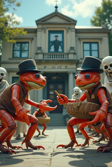 Hat-wearing crab aliens use boomerangs to fight against ghosts holding baskets and model zombies in front of a police station.
