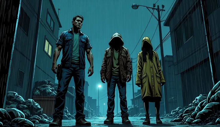 Reveal the three figures standing nervously by the trash in a dark and rainy night: the worker man, hoodie guy, and the raincoat girl. comic style
