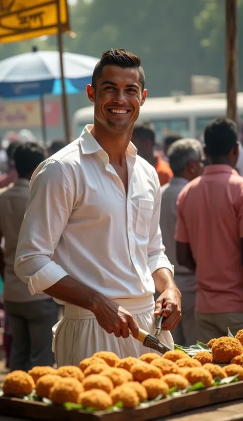 Imagine Cristiano Ronaldo standing in Tirunelvelis bustling bus stand, dressed in a neatly tied veshti (dhoti) and a crisp white shirt, blending seamlessly into the local scene. A light sheen of sweat glistens on his face under the Tamil Nadu sun, but he’s...