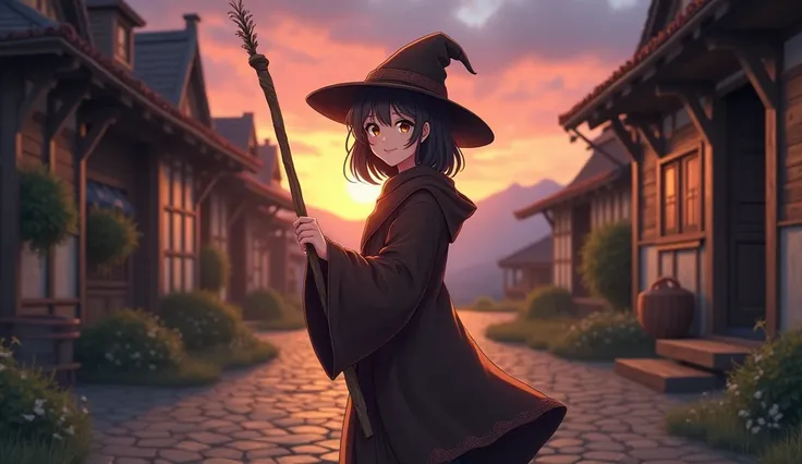 8k、 high school girl、 mature、smile、 dark brown robe、Three-cornered hat、Big magic wand、 medieval Europe with wooden basket、 Another World、adventure、evening、Sunset、 romantic、Mysterious、Anime 2D Style、Lo-Fi、LoFi、アニメ調Illustration、Illustration