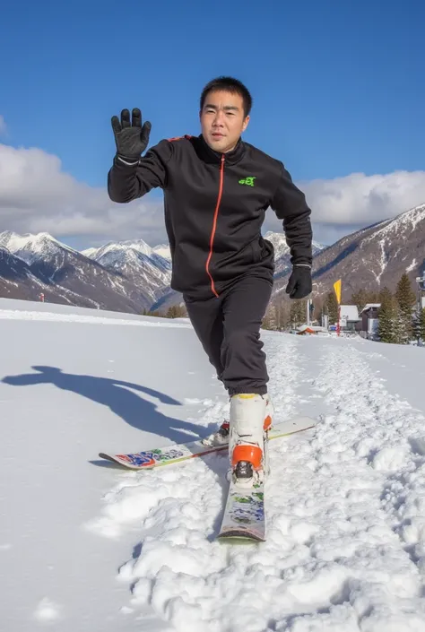 Ski, Sprint, Male Model,  snowy mountains, Speed,  Moving Pose ,  Bright Blue Skies ,  sportswear , Solar, flying snow,  action scene