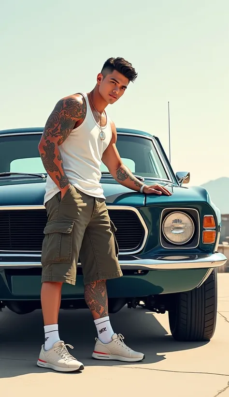 Cars are fun、Don&#39;t build a new muscle car, build your favorite muscle car、An real ilustration  picture ,front side of the muscle car、front view of a handsome korean man,wearing  white tank top,short cargo pant ,wearing shocks and sneaker, muscular body...