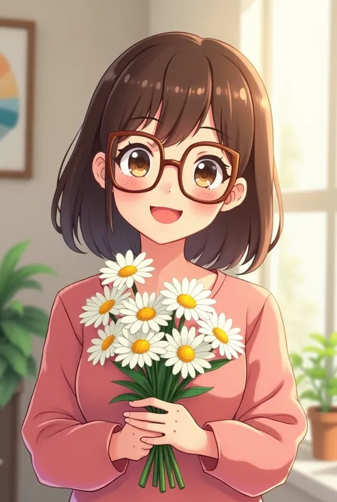 A CHUBBY GIRL WITH MEDIUM BROWN HAIR WEAR PINK BLOUSE WITH GLASSES. SHE HOLD A DAISY FLOWER BOUQUET.
