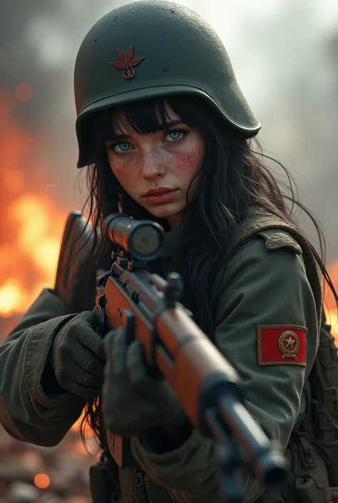 Soldier girl, world war2, Soviet Russia, big blue eyes, black hair, bang,wearing military uniform, battle, fire, explosion, holding gun, (painful expression), battle field