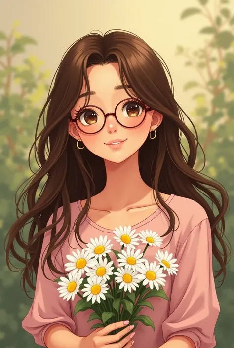 A CHUBBY GIRL WITH LONG BROWN HAIR WEAR PINK BLOUSE WITH GLASSES. SHE HOLD A DAISY FLOWER BOUQUET.
