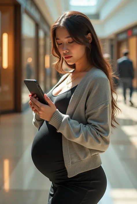 Beautiful girl, 1 girl, 19 years, so much pretty, oval face, big breasts, big pregnant, wearing grey pencil dress ((her pregnant covered by her dress)), wear soft cardigan and black skirt, sexy posing, she holds her phone, soft smiling, blushing, sideways,...