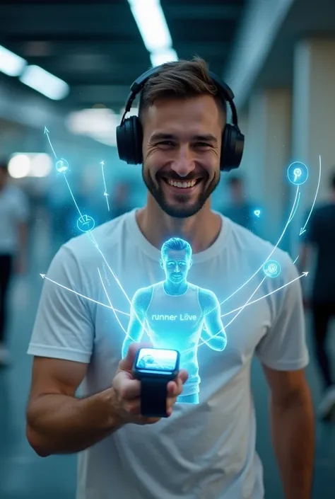 I want someone holding a smartwatch that projects holograms of a man smiling with headphone wearing white tshirt text "RUNNER LIVE" on it as if they were real in a panoramic way but on the smartwatch