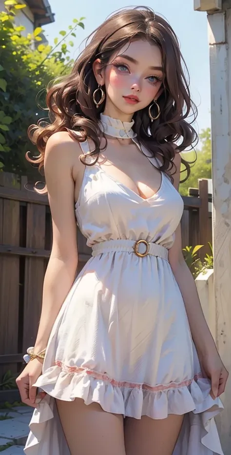  high definition ,  Best quality ,  high detail,  high quality, full length ,full frame,  full-length girl , long hair,  light brown hair, curls,  Natural curls, Breasts, earrings,  blue eyes , makeup, Light blush, scarlet lips, light orange summer dress,t...