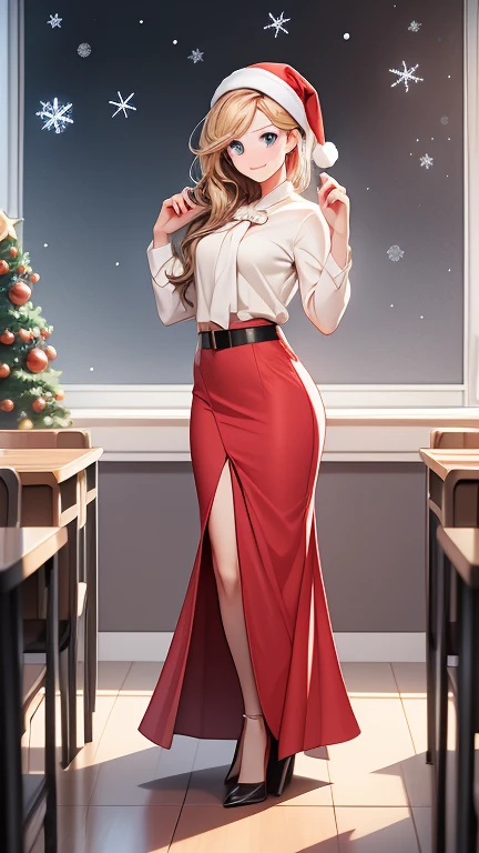  Christmas winter scenery   ， christmas illustration，masterpiece、 high definition  ， top quality， 8ｋ， detailed pictures，Extremely realistic and detailed faces， cute face,  beautiful face，  beautiful womanの一人  、２9 years old、  school teacher    、 blonde alon...