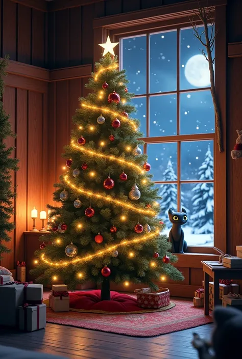 Photorealism(1.3), huge  Christmas tree it is in a house floor walls all wooden through the window toothless dragon looking at this toothless nightfury very cute ,mid night winter
