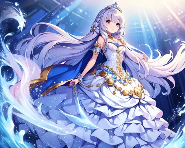 (solo), kawaii, masterpiece, best quality, rococo style gown, (long train blue cape:1.15), (long train white ball gown:1.1), (long train skirt:1.1), gown with flower decorations, a princess is wearing a long cape over her gown, 1 little princess, tiara, sm...