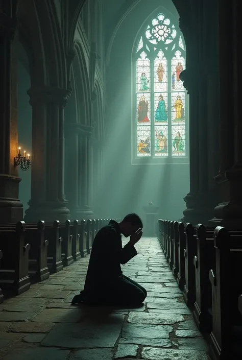 "A detailed depiction of a person deeply focused in prayer within a dark, gothic church. The figure is kneeling on an old wooden pew, their hands clasped tightly, head slightly bowed, and eyes closed in intense concentration. The church is dimly lit, with ...