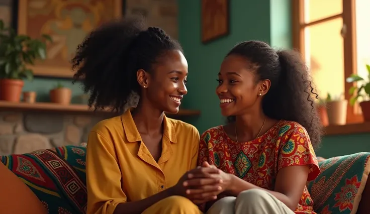 Happy 16-year-old african village girl and  an 35 year old African woman in their living room. 