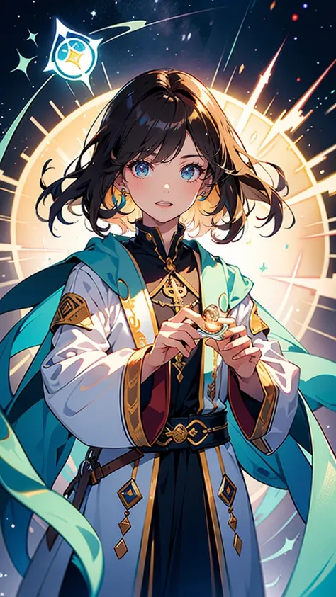 “A calm and kind-hearted male healer with soft chestnut-brown hair and gentle blue eyes. He wears simple, functional robes with faint embroidery and holds a glowing vial in one hand, while the other hand emits a faint healing light. His expression is seren...