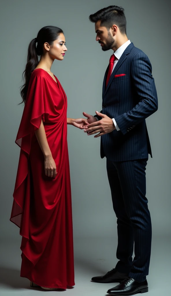 create a Full-body, head-to-toe shot of a dramatic scene featuring a full-body shot of two central figure , on the left , a young & beautiful girl in modern red saree looking like a modern girl in saree , she is standing opposite side of a man but looking ...