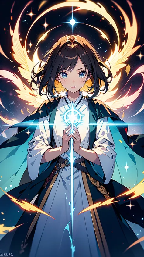 “A calm and kind-hearted male healer with soft chestnut-brown hair and gentle blue eyes. He wears simple, functional robes with faint embroidery and holds a glowing vial in one hand, while the other hand emits a faint healing light. His expression is seren...