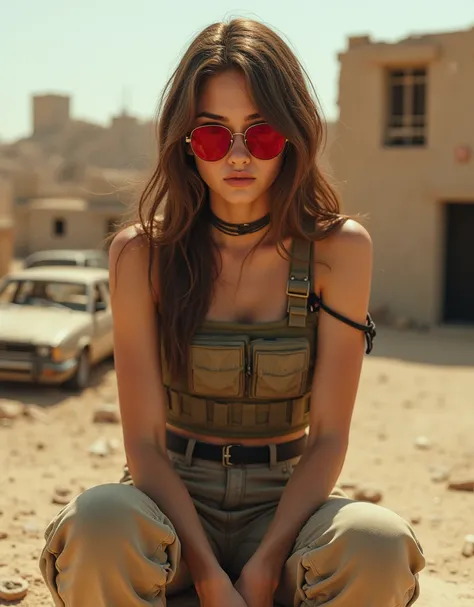    Pretty girl snipers wearing bulletproof vests, wearing inner tank tops,   sand-colored kago pants   ,    Red Glasses, Aim ,   Desert area with building ruins   , Car wreckage ถังที่ถูกไฟเผาทำลาย, Car wreckage   ,  long hair gathered   ,   brown hair , s...