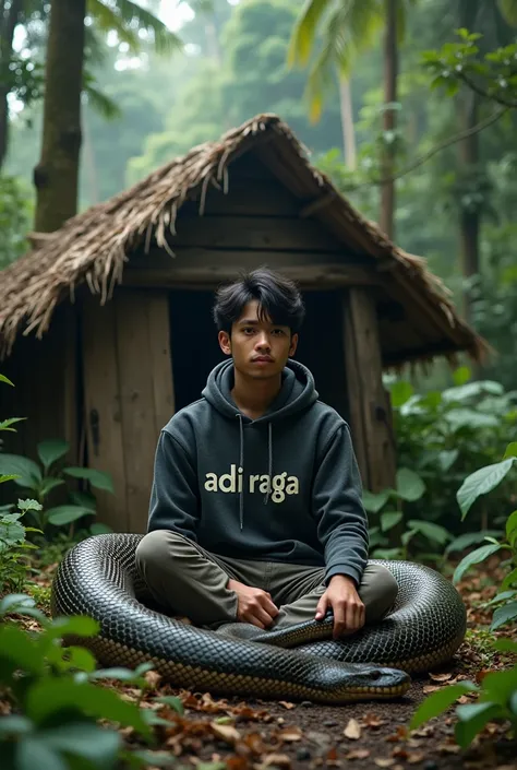 A large realistic anaconda on a real hut in the jungle , a man Malay 25s wearing hoddie written " adi Raga " sitting  fokus on the camera 