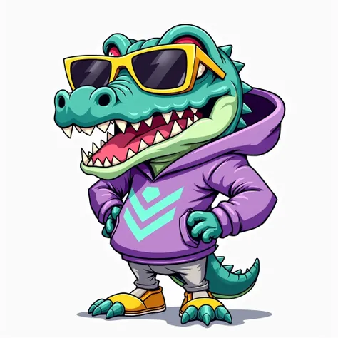 A stylized, cartoonish creature, resembling a crocodile or lizard, is centrally positioned in the image.  The creature wears oversized, boxy sunglasses with yellow frames and a purple hoodie with a teal chevron pattern on the chest.  Its expression is aggr...