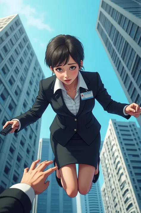 Shoot from above :1.5,Calle de la oficina,skyscrapers in the background ,blue sky,all four,kneel,masterpiece,quality, High resolution ,高quality, realistic , Random hairstyle, business suit ,Pencil skirt, black jacket , white shirt with collar, full body ,e...