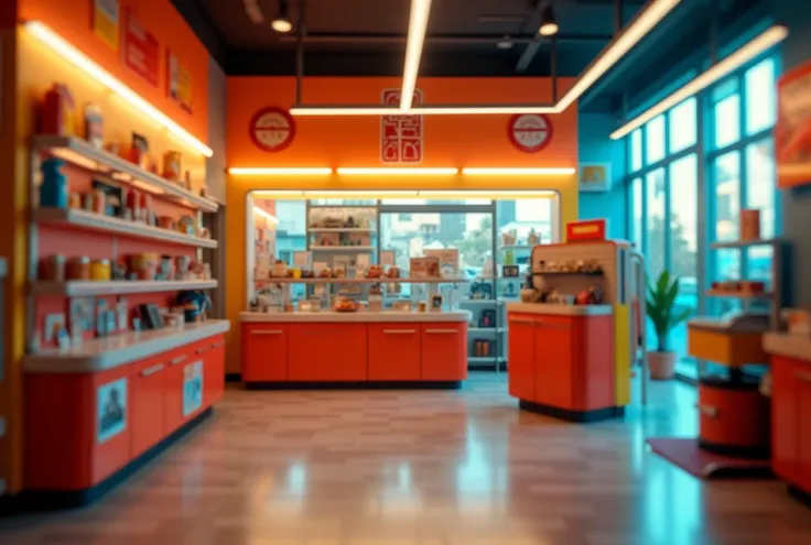 9.  Retro style electrical store design ,  with vintage details and bright colors like red , Yellow, and blue .  The display shelves are designed with the typical look of the 70-80s,  combined with neon lights creates a modern .  Playful space ,  accent bu...