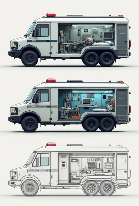 a blueprint or draft of a large ambulance called healy wheely with all the basic hospital emergency equipments to help people on the go, resembling an actual hospital room with beds, oxygen and all and with doctors and nurses