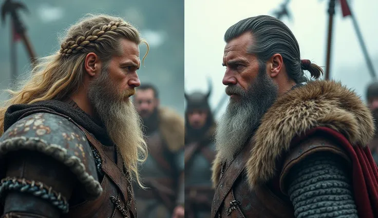 A dramatic collage showcasing the fierce contrast between father and son. On the left side, Sweyn Forkbeard, with his long, unkempt blonde hair and braided golden-brown beard, stands in battle-ready posture, his icy blue eyes filled with determination. His...