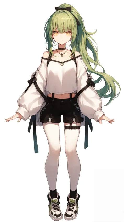 "Anime-style young girl with long green hair tied in a high ponytail, wearing a white off-shoulder blouse with black straps, black high-waisted shorts, and white thigh-high stockings. She has yellow eyes and is wearing black sneakers with green accents. Ac...