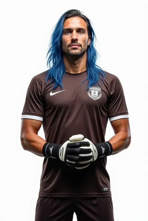 A man, long hair, blue hair, Wearing a dark brown soccer uniform, Wearing wristbands, Wearing black goalkeeper gloves with white palms, Short sleeve t-shirt, White background, photo realistic