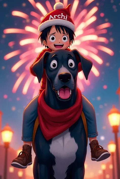 
Play a Mexican boy,  short black hair , with Christmas hat and embroidered with the name Archi ,  riding on a black Great Dane ,  black skin with a white breast who is running and has a Christmas scarf and hat.  Both are happy 

Fireworks background .
All...