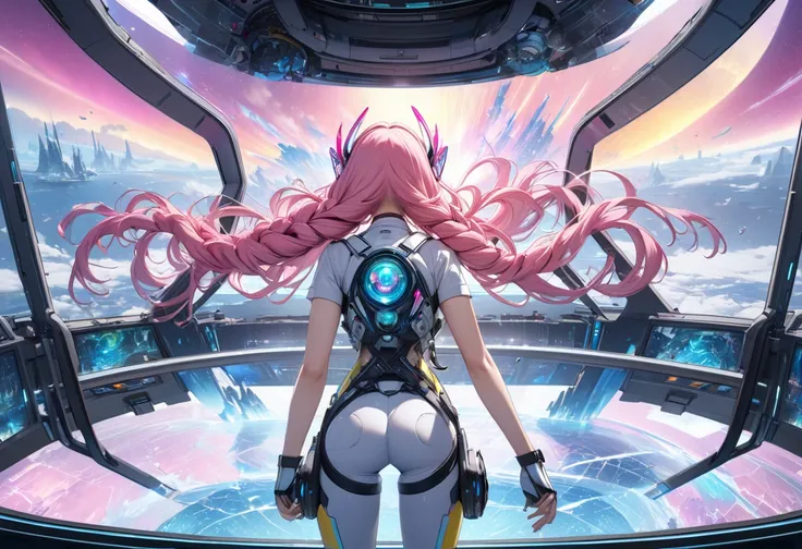 (panoramic), (ultra detailed illustration), break, in a Mechanic Engineer Suit, break, (standing back style), a age 1000, ((delicate Dreadlocks Hair)), (beautiful vivid pink hair, delicate long hair), (ultra beautiful yellow eyes), (ultra cool beauty elf w...