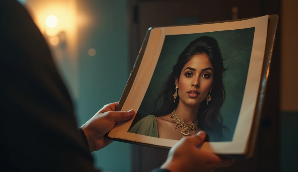 28 year indian beautiful girl photo in the file, someone is holding the file, photo on the file showing, cinematic scene, cinematic lighting, ultra realistic, hyper realistic, highly detailed image, Full HD image, --ar 16:9