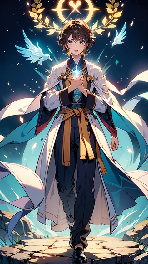 “A calm and kind-hearted male healer with soft chestnut-brown hair and gentle blue eyes. He wears simple, functional robes with faint embroidery and holds a glowing vial in one hand, while the other hand emits a faint healing light. His expression is seren...